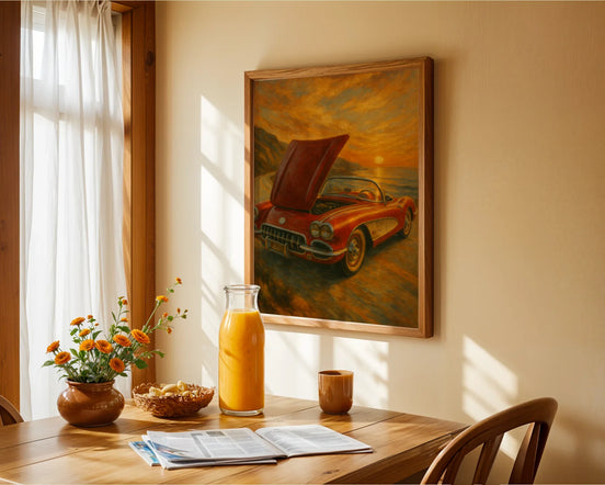 Affiche ancienne Corvette, coucher soleil, poster art mural voiture - Roaring 20s Paris