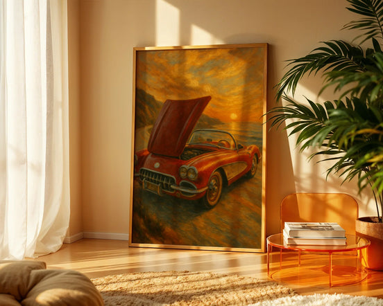 Affiche ancienne Corvette, coucher soleil, poster art mural voiture - Roaring 20s Paris