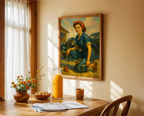 Affiche ancienne mécanicienne garage, poster art mural femme - Roaring 20s Paris