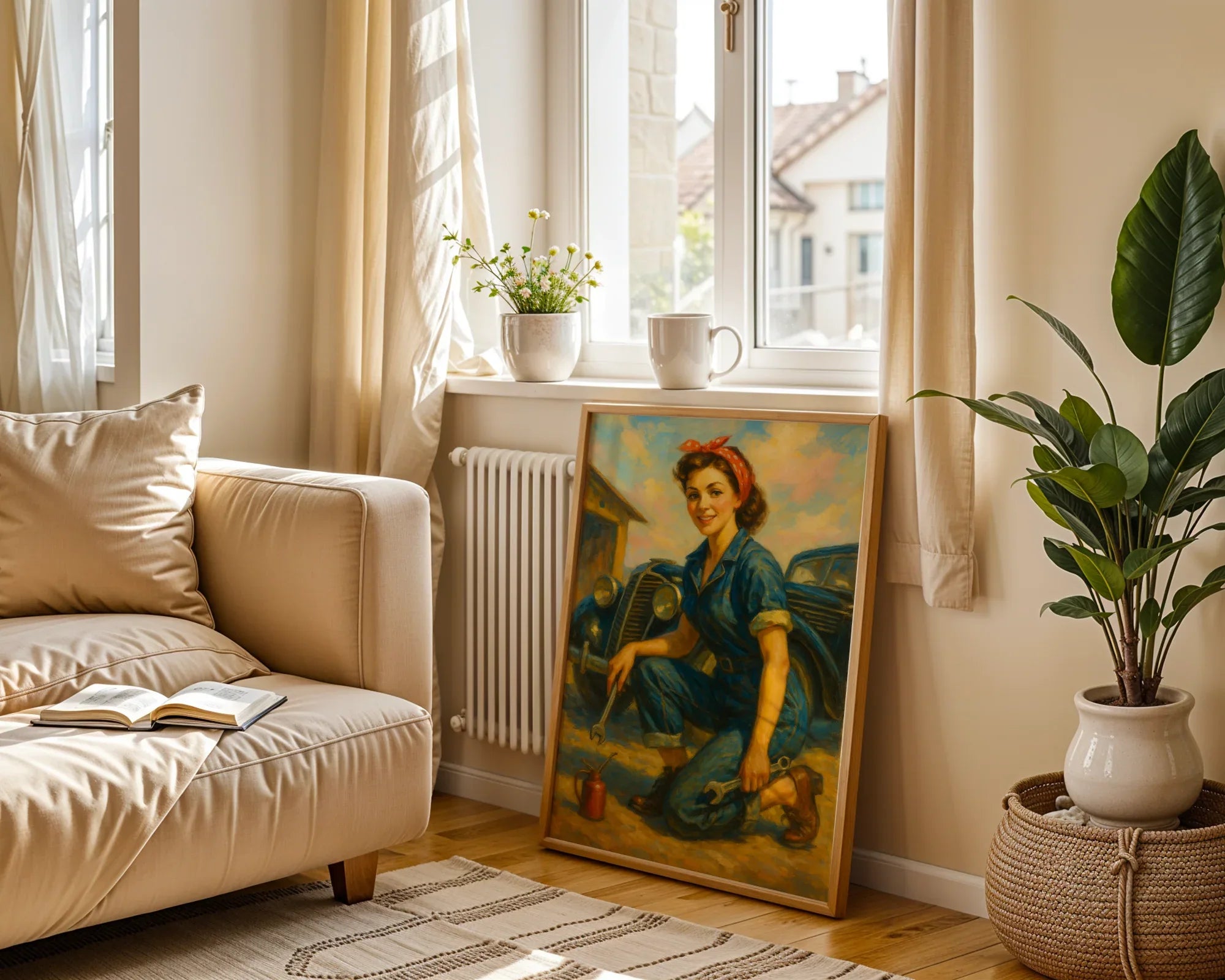 Affiche ancienne mécanicienne garage, poster art mural femme - Roaring 20s Paris