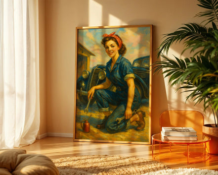 Affiche ancienne mécanicienne garage, poster art mural femme - Roaring 20s Paris