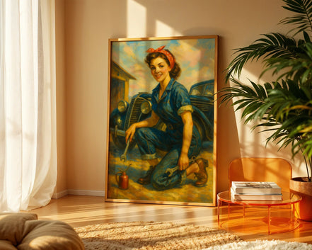 Affiche ancienne mécanicienne garage, poster art mural femme - Roaring 20s Paris