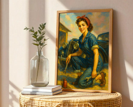 Affiche ancienne mécanicienne garage, poster art mural femme - Roaring 20s Paris