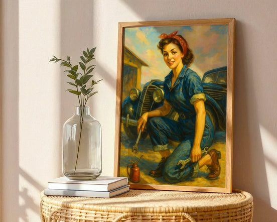 Affiche ancienne mécanicienne garage, poster art mural femme - Roaring 20s Paris
