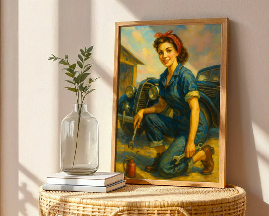 Affiche ancienne mécanicienne garage, poster art mural femme - Roaring 20s Paris