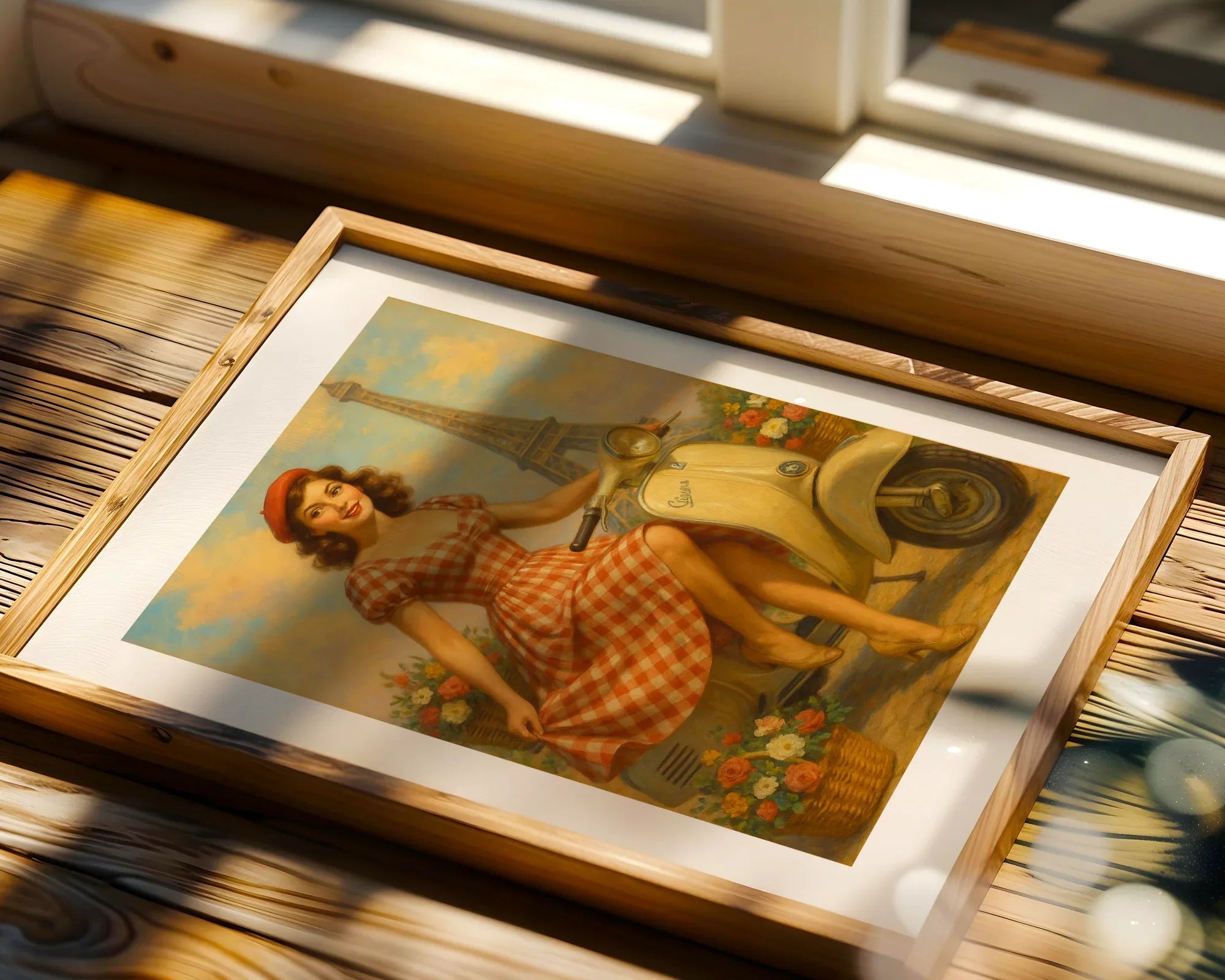 Affiche ancienne parisienne Vespa fleurie, poster mural, Tour Eiffel - Roaring 20s Paris