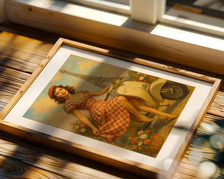 Affiche ancienne parisienne Vespa fleurie, poster mural, Tour Eiffel - Roaring 20s Paris