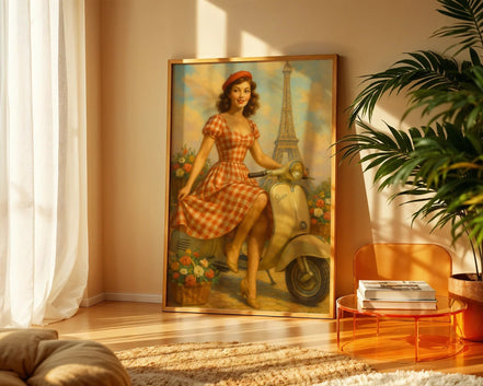 Affiche ancienne parisienne Vespa fleurie, poster mural, Tour Eiffel - Roaring 20s Paris