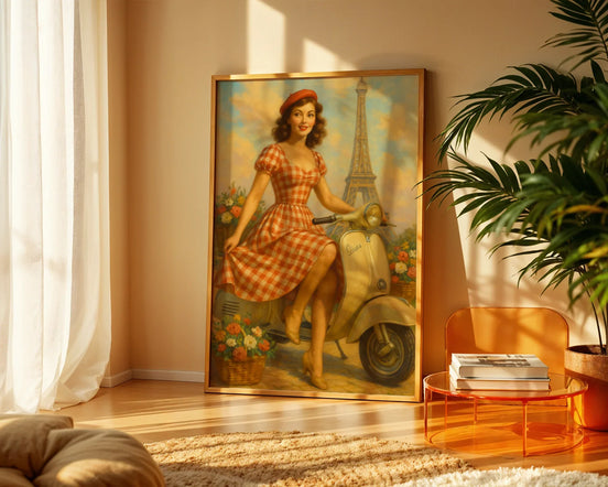 Affiche ancienne parisienne Vespa fleurie, poster mural, Tour Eiffel - Roaring 20s Paris