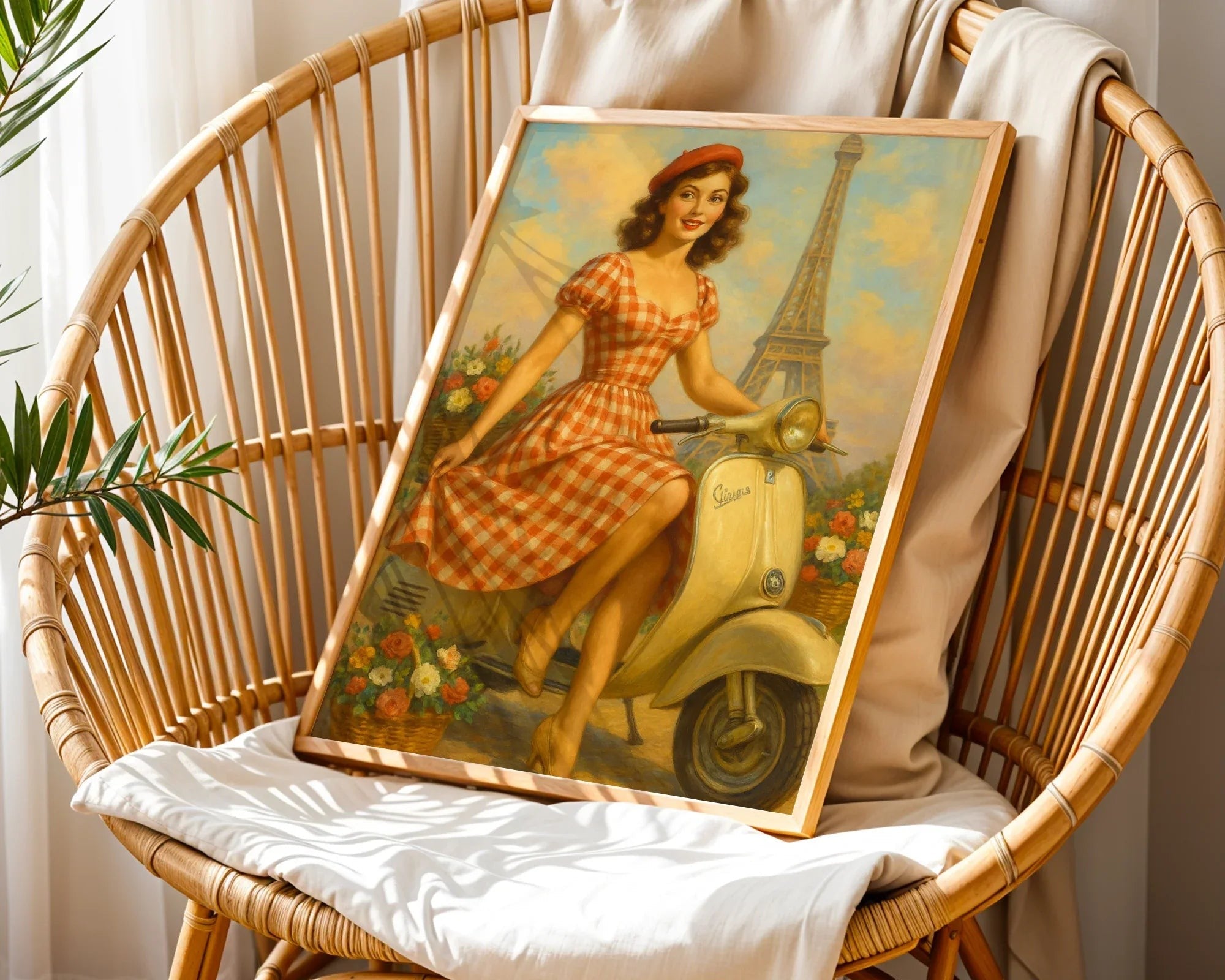 Affiche ancienne parisienne Vespa fleurie, poster mural, Tour Eiffel - Roaring 20s Paris