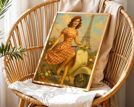 Affiche ancienne parisienne Vespa fleurie, poster mural, Tour Eiffel - Roaring 20s Paris