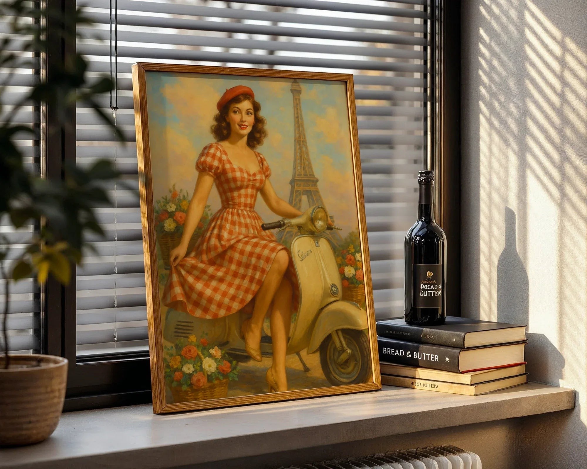 Affiche ancienne parisienne Vespa fleurie, poster mural, Tour Eiffel - Roaring 20s Paris