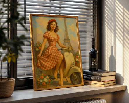 Affiche ancienne parisienne Vespa fleurie, poster mural, Tour Eiffel - Roaring 20s Paris