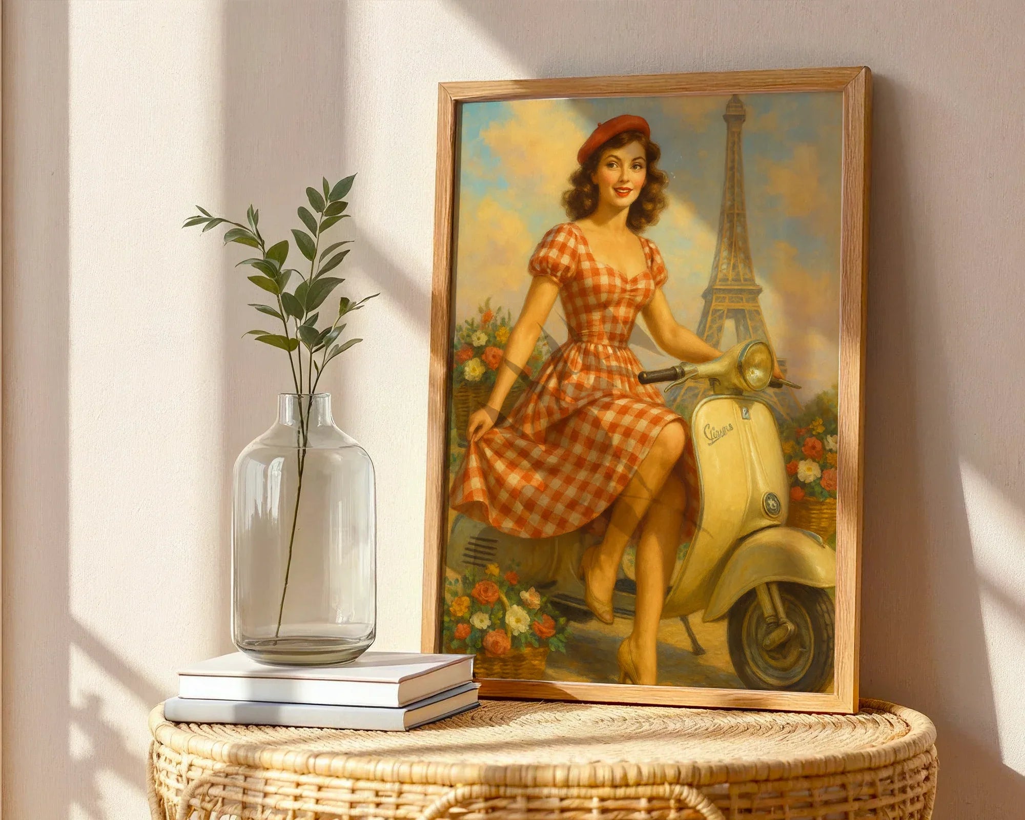 Affiche ancienne parisienne Vespa fleurie, poster mural, Tour Eiffel - Roaring 20s Paris