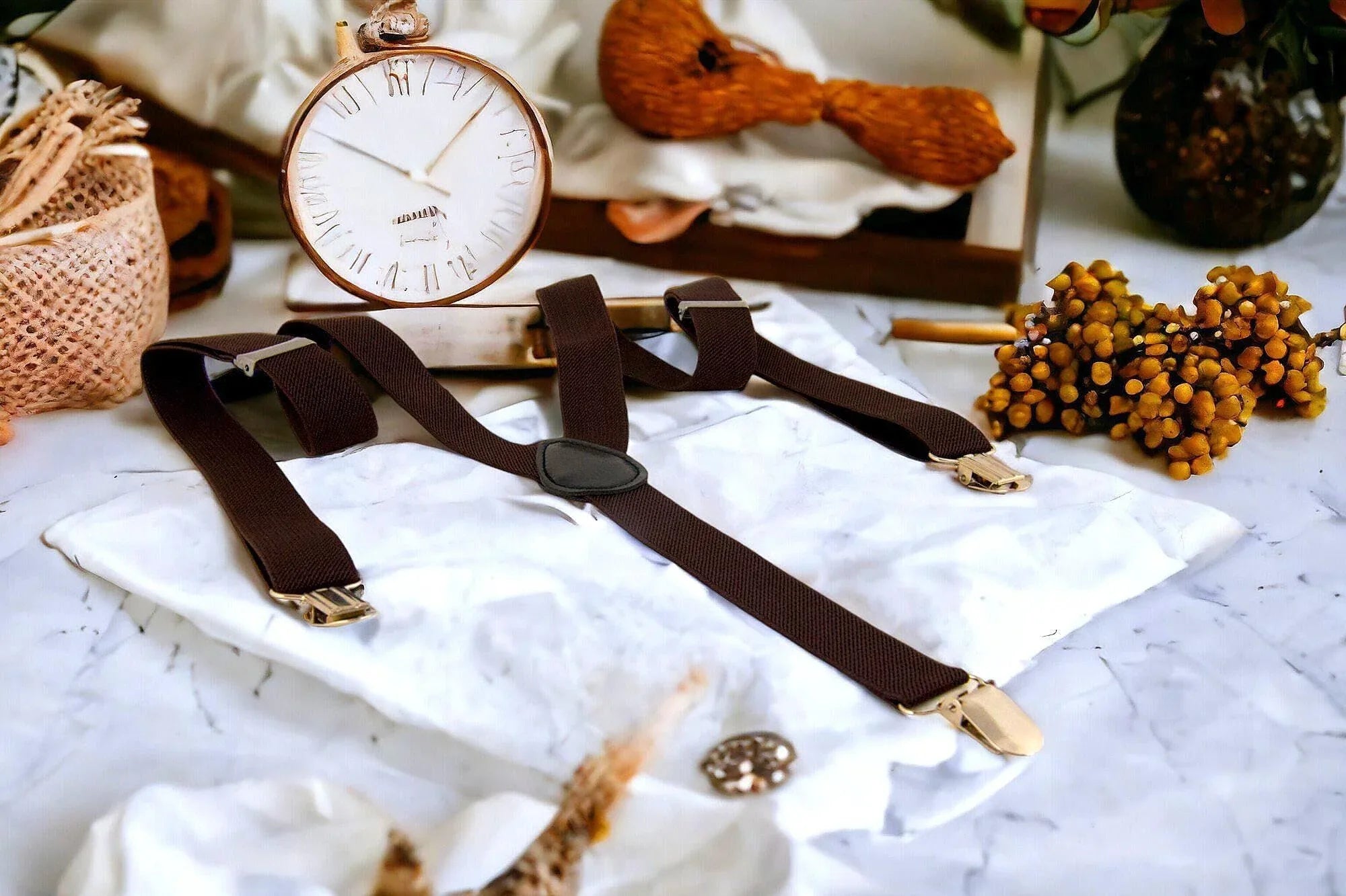 Bretelles Brown Shelby – accessoire rétro chic pour mariage bohème - Roaring 20s Paris