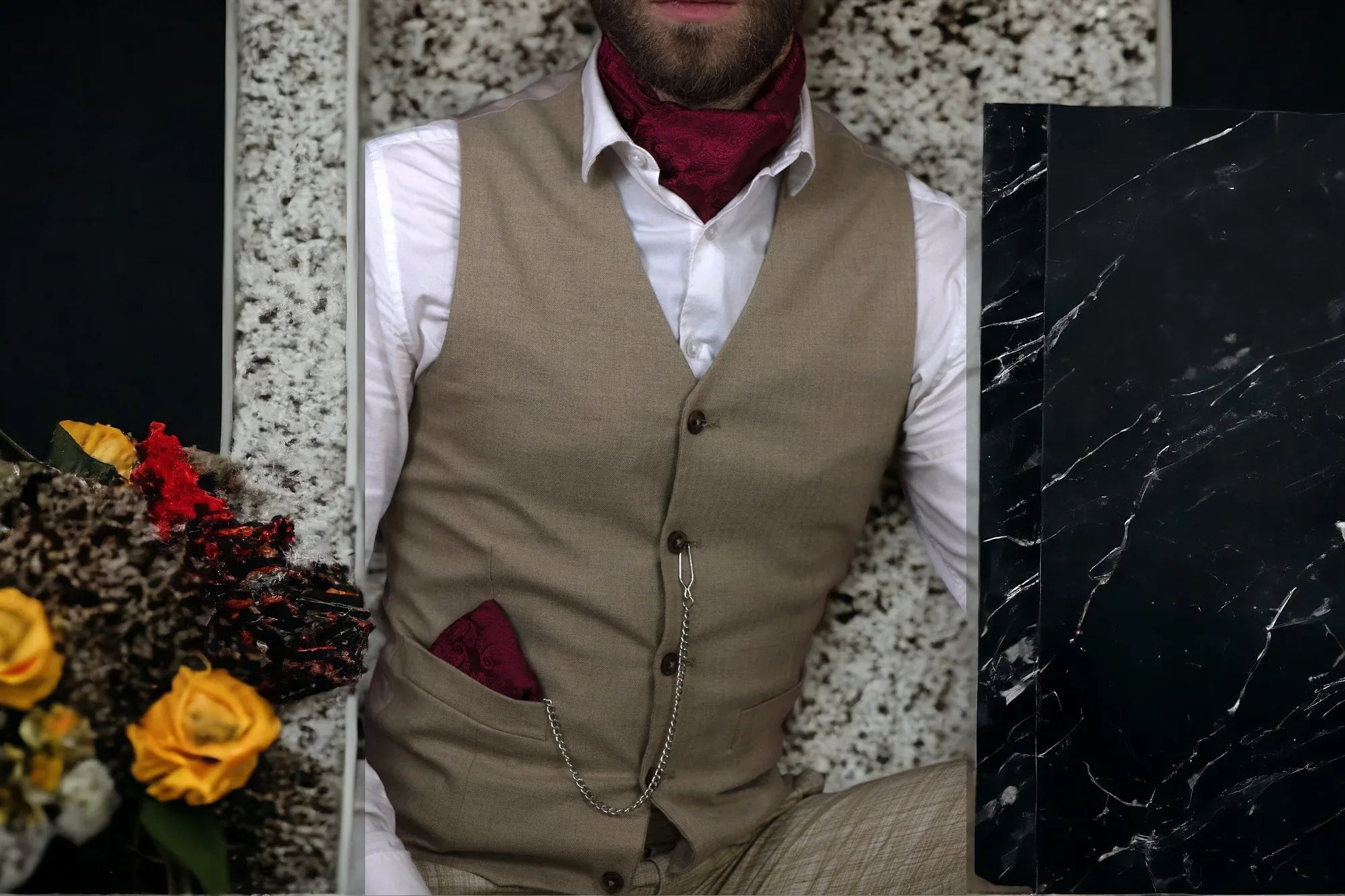 Cravate Ascot soie rouge Hart élégante – lavallière homme notaire - Roaring 20s Paris