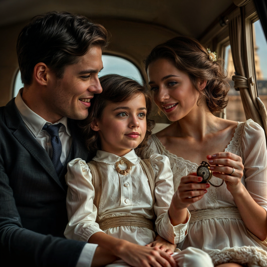 Shooting dans une calèche d'un couple et enfant portant les produits roaring 20s Paris