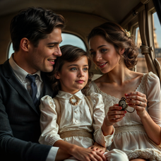 Shooting dans une calèche d'un couple et enfant portant les produits roaring 20s Paris