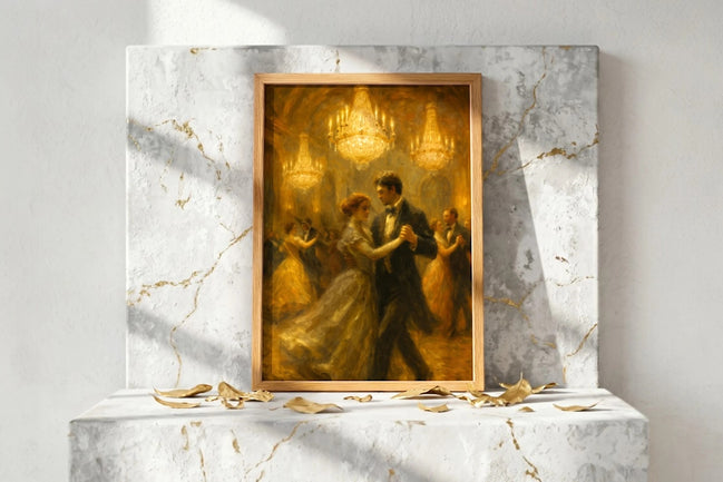 Roaring 20s Paris affiche ancienne française bal, illustration 1920, couple dansant sous lustres, art mural vintage