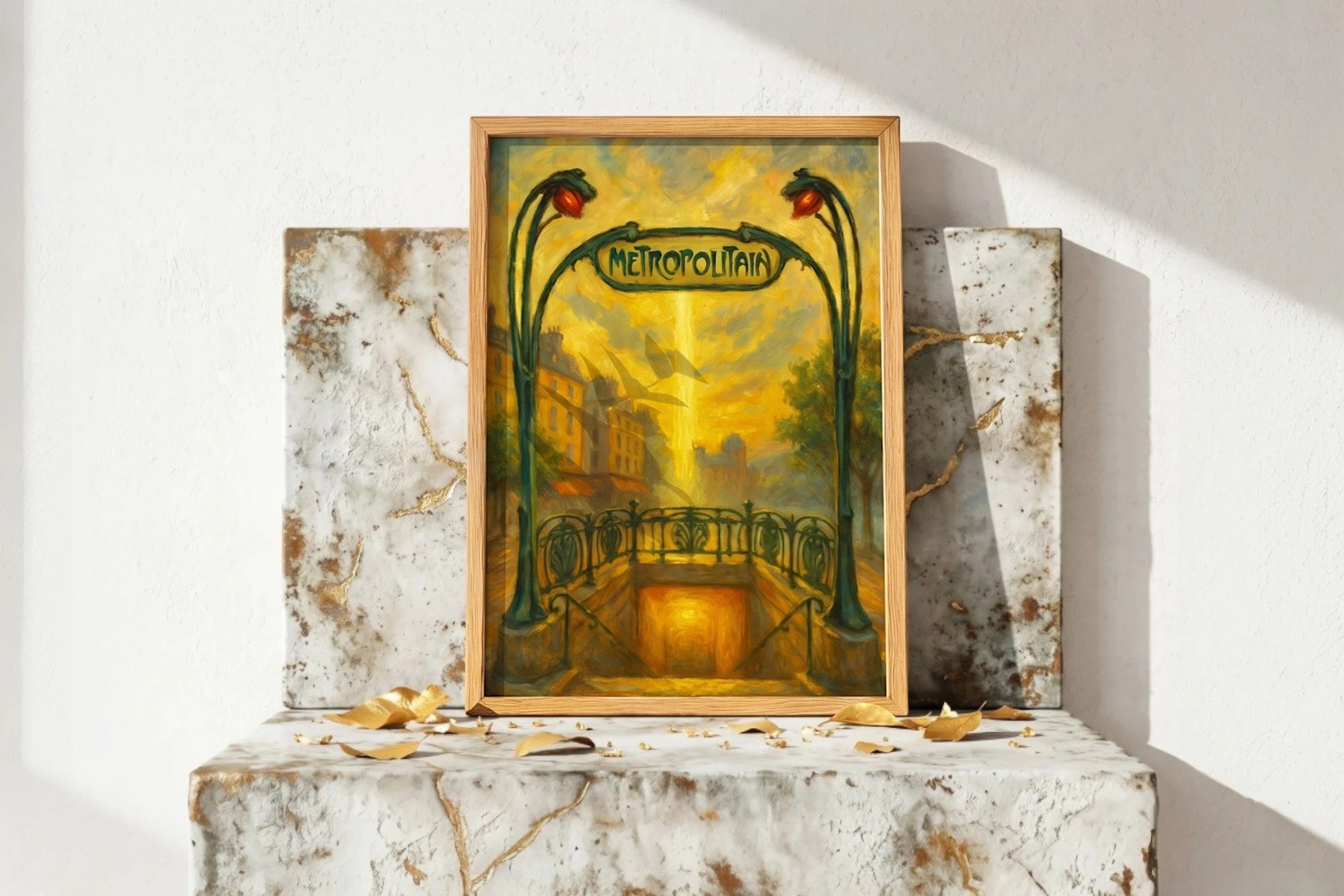 Affiche ancienne art deco Paris, style Belle Époque, entrée métro, 1920, tons chauds dorés, décoration murale vintage.