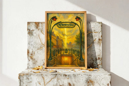 Affiche ancienne art deco Paris, style Belle Époque, entrée métro, 1920, tons chauds dorés, décoration murale vintage.