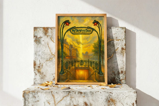 Affiche ancienne art deco Paris, style Belle Époque, entrée métro, 1920, tons chauds dorés, décoration murale vintage.