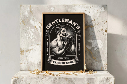 Affiche vintage Roaring 20s Paris d'un boxeur musclé avec moustache, gants de boxe, style rétro noir et blanc.
