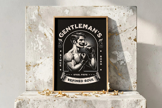 Affiche vintage Roaring 20s Paris d'un boxeur musclé avec moustache, gants de boxe, style rétro noir et blanc.