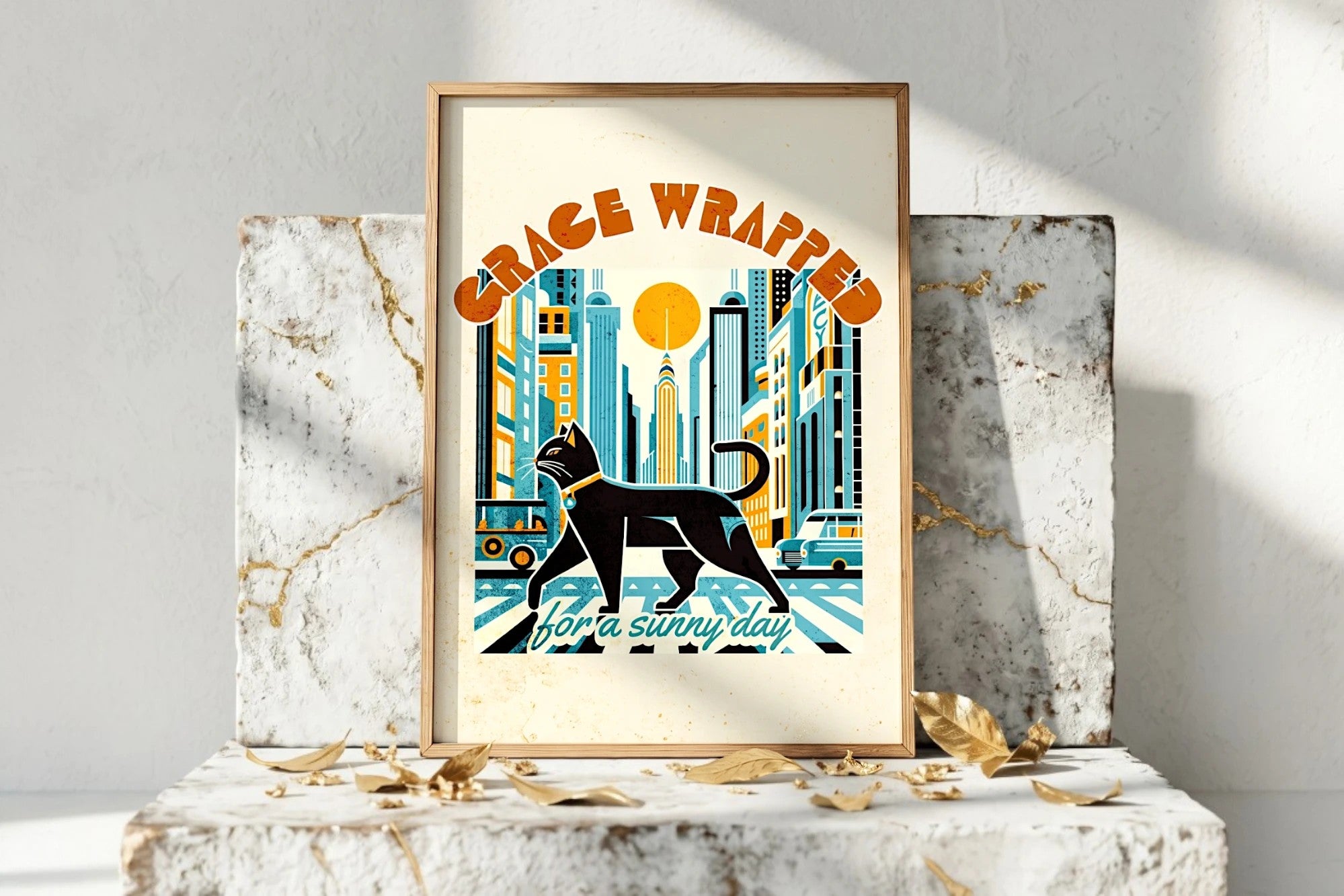 Affiche Roaring 20s Paris : chat noir traversant New York, style art déco vintage, couleurs rétro.