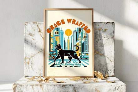 Affiche Roaring 20s Paris : chat noir traversant New York, style art déco vintage, couleurs rétro.