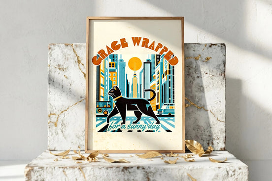 Affiche Roaring 20s Paris : chat noir traversant New York, style art déco vintage, couleurs rétro.