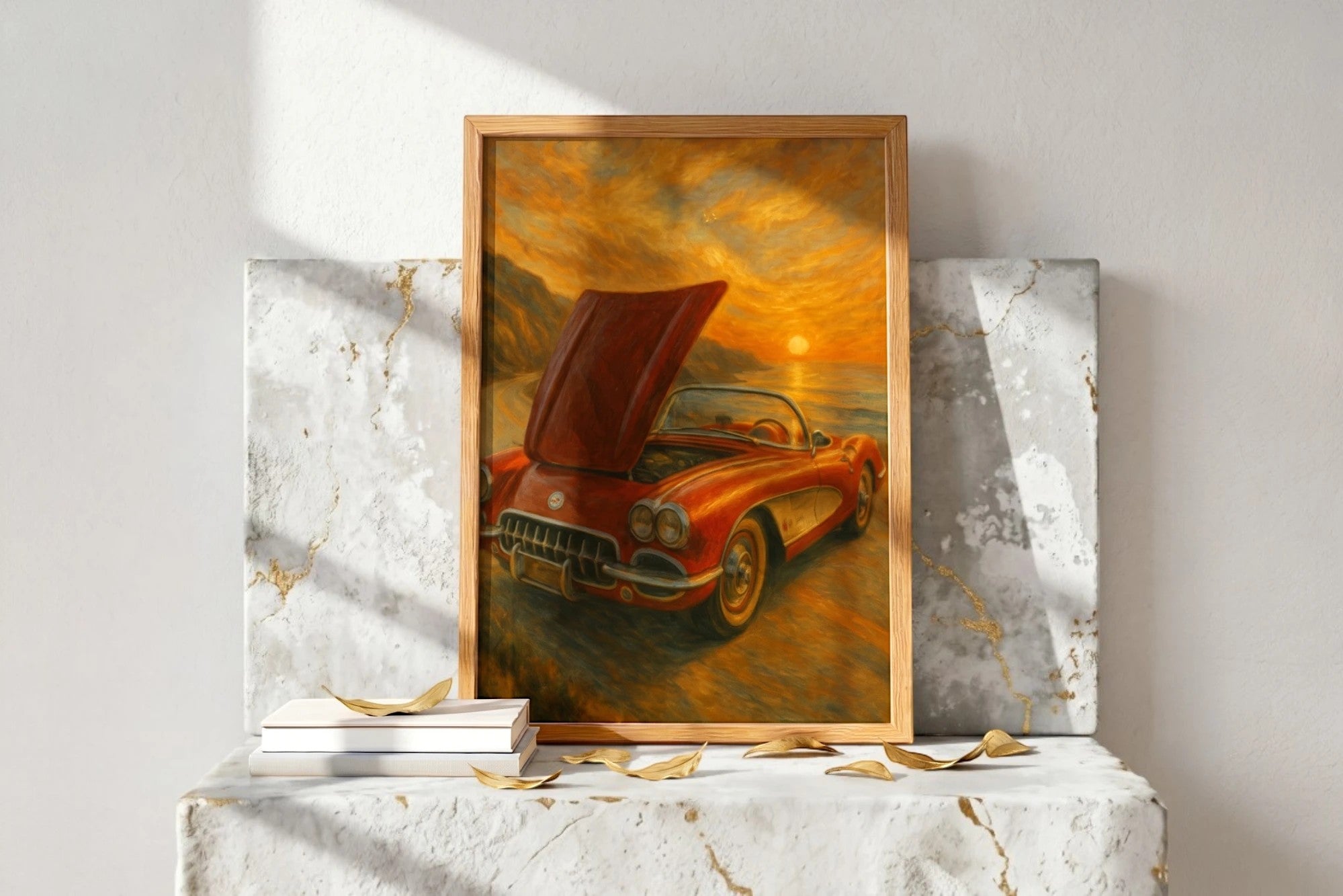 Affiche ancienne Corvette rouge cabriolet au coucher du soleil sur la côte, style peinture art déco, Roaring 20s Paris