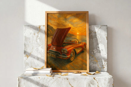 Affiche ancienne Corvette rouge cabriolet au coucher du soleil sur la côte, style peinture art déco, Roaring 20s Paris