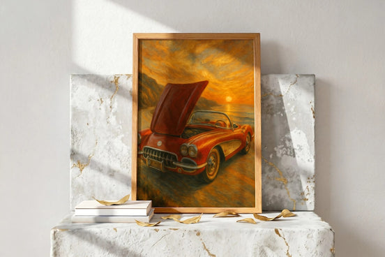 Affiche ancienne Corvette rouge cabriolet au coucher du soleil sur la côte, style peinture art déco, Roaring 20s Paris