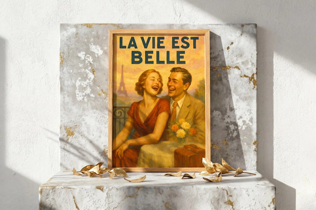 Roaring 20s Paris affiche ancienne couple rieur devant la Tour Eiffel, illustration vintage des années 1920.