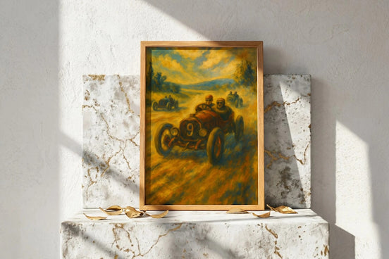 Affiche ancienne course auto vintage Roaring 20s Paris, voiture rétro n°9 sur circuit ensoleillé, style impressionniste