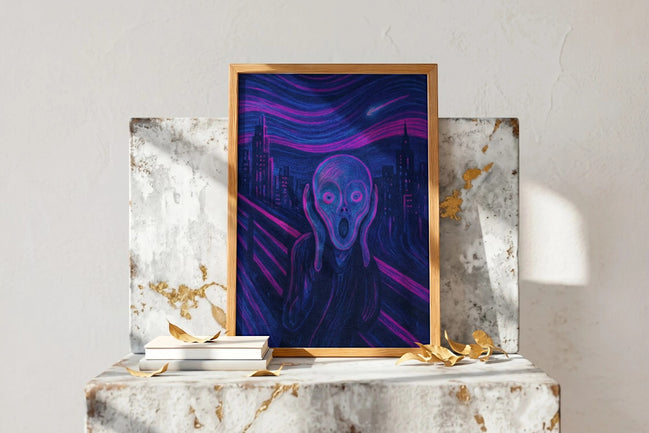 Affiche ancienne le cri futuriste, poster art mural retro cyber ville, Roaring 20s Paris, couleurs néon, ambiance dystopique