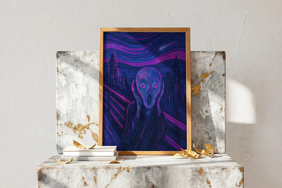 Affiche ancienne le cri futuriste, poster art mural retro cyber ville, Roaring 20s Paris, couleurs néon, ambiance dystopique