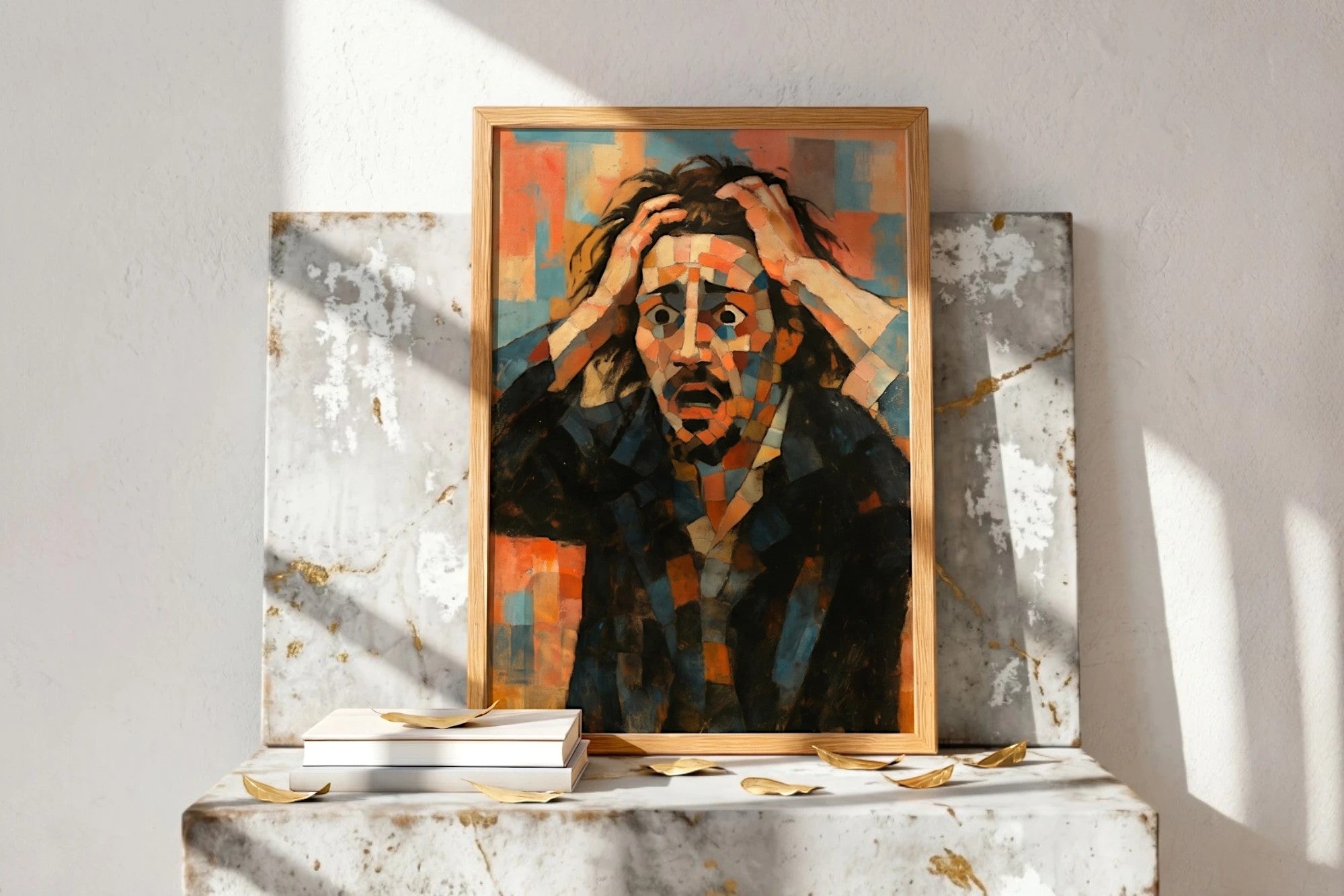 Roaring 20s Paris Affiche cubiste Désespéré, peinture art moderne, déco vintage 1920, homme aux mains dans les cheveux, expression de choc.