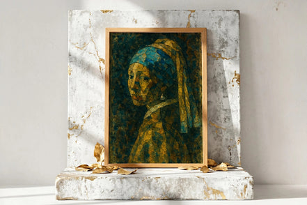 Roaring 20s Paris : affiche cubiste fragmentée d'une femme à la perle, style art déco, tons jaune et bleu.