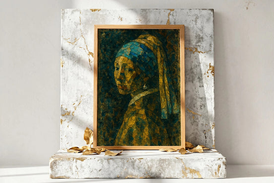 Roaring 20s Paris : affiche cubiste fragmentée d'une femme à la perle, style art déco, tons jaune et bleu.