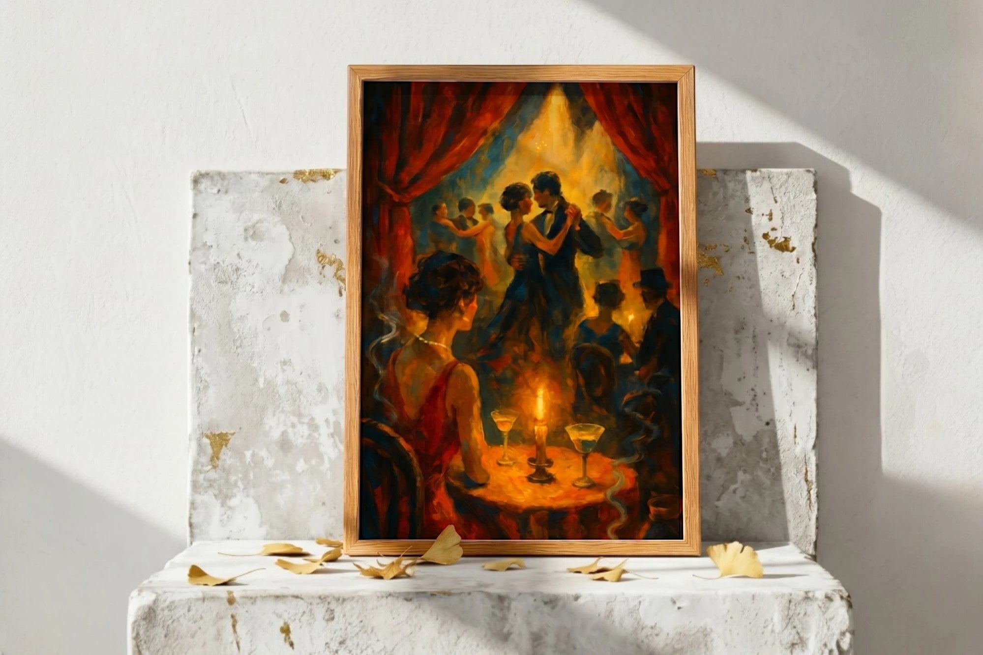 Roaring 20s Paris affiche danse cabaret art déco rétro, couple romantique jazz, ambiance feutrée, lumières dorées, robes à franges, peinture digitale.