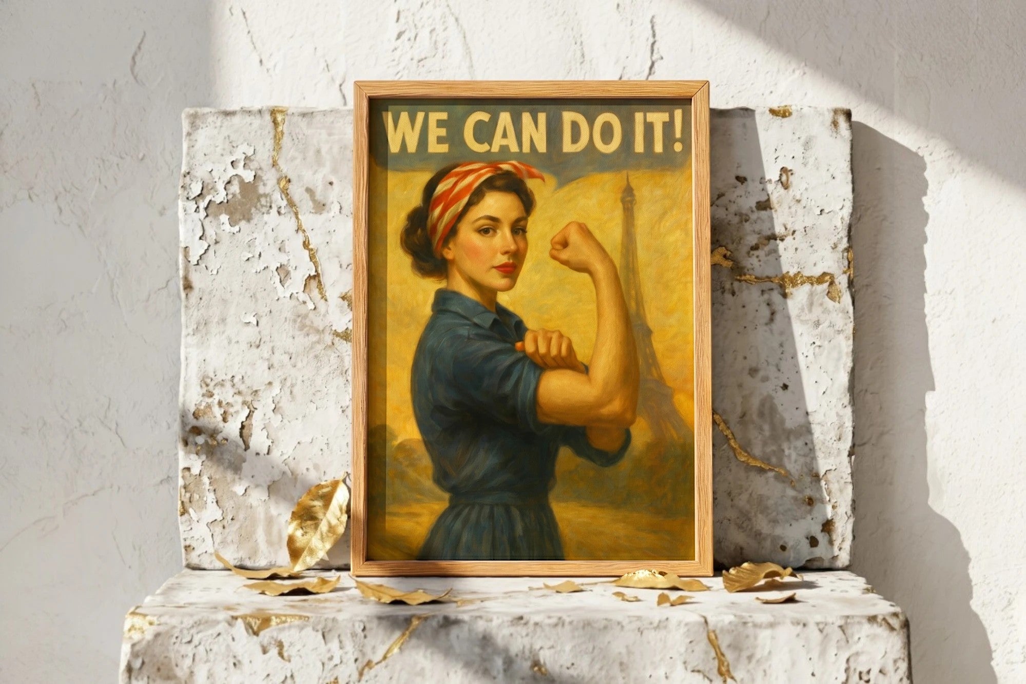 Roaring 20s Paris affiche ancienne féminisme vintage, femme forte style rétro avec Tour Eiffel, message 'We Can Do It!'