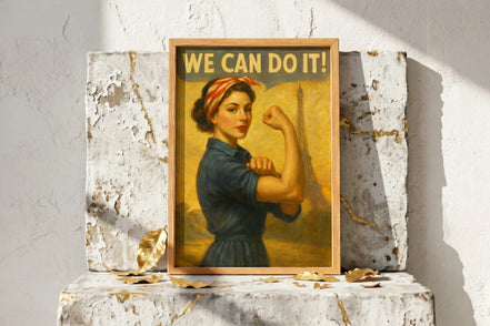 Roaring 20s Paris affiche ancienne féminisme vintage, femme forte style rétro avec Tour Eiffel, message 'We Can Do It!'