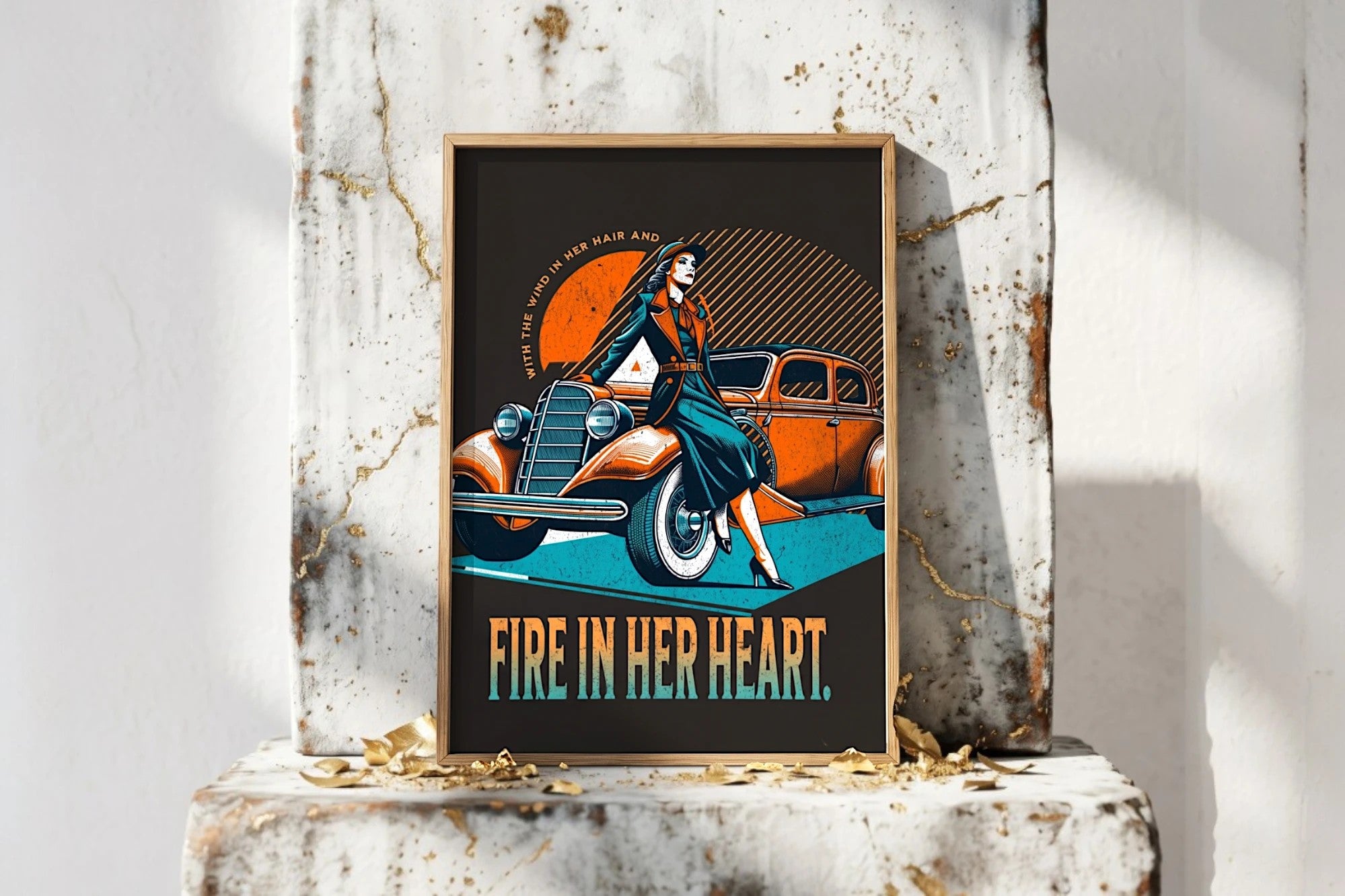 Affiche Roaring 20s Paris : femme vintage forte indépendante, voiture rétro orange, style rétro, texte 