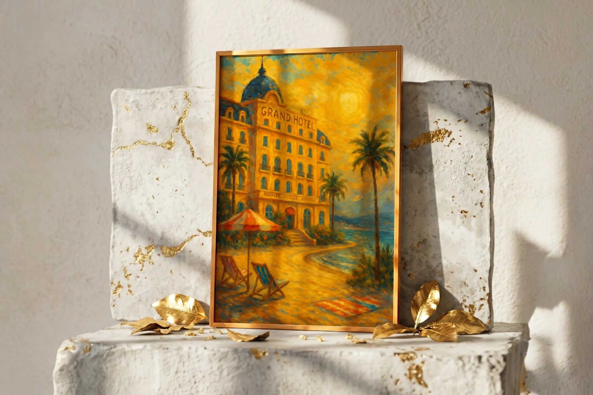 Affiche vintage Roaring 20s Paris d'un hôtel de luxe sur la plage, avec des palmiers et des chaises longues.