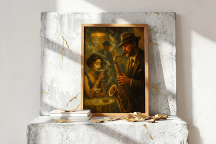 Affiche jazz vintage Roaring 20s Paris, saxophoniste et femme au martini, ambiance cabaret feutrée, années 1920.