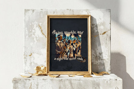 Affiche Roaring 20s Paris, illustration jazz vintage, musiciens et danseurs, ambiance swing, 1920s, déco art déco.