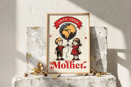 Affiche Roaring 20s Paris Love Your Mother, art rétro famille, enfants tenant un ballon Terre, décoration maman.