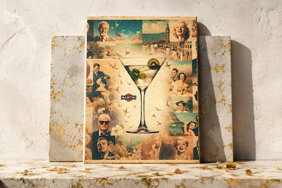 Affiche Roaring 20s Paris vintage Martini cocktail rétro, style art déco, couleurs vives, ambiance bar chic.